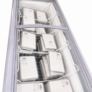 Glass top commercial freezer with packaged trays