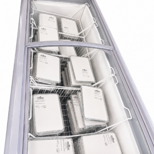 Glass top commercial freezer with packaged trays
