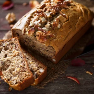 Sliced banana walnut bread loaf on wooden table