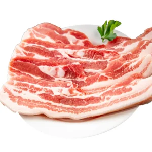 Raw pork belly slices on white plate