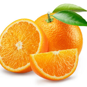 Fresh orange with slices and green leaves