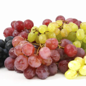 Bunches of red, green, and black grapes
