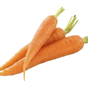 Three fresh carrots with green tops