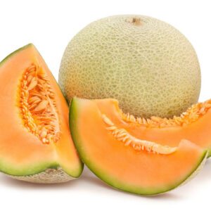 Whole cantaloupe with two sliced wedges