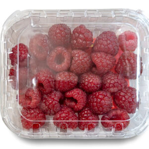 Clear plastic container of fresh raspberries